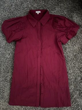 TCEC Wine / Rose Red Button-Down Puff Sleeve Shirt Dress NWOT